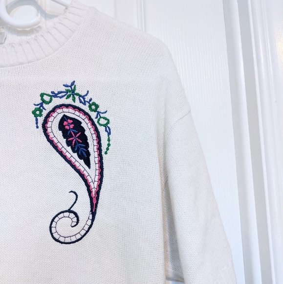 Vtg White Soft Knit Cute Short Sleeve Spring Sweater Top. Paisley Design, S. HP! - Picture 5 of 14